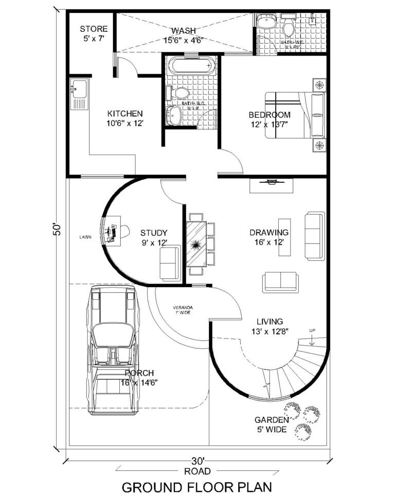 30 X 50 Round Duplex House Plan 2 BHK - Architego