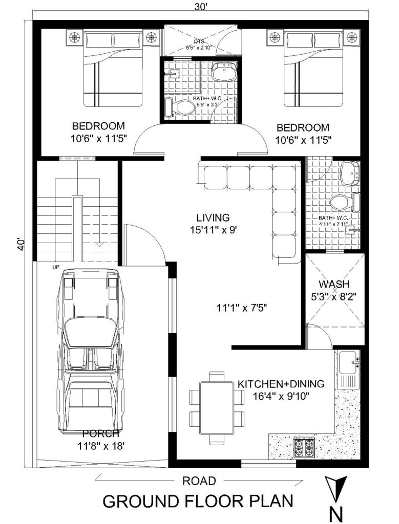 30 x 40 North Facing Floor Plan 2BHK - Architego