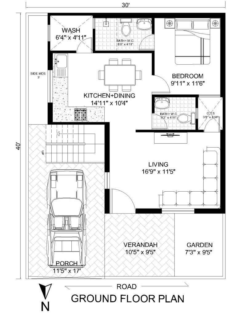 30 x 40 North Facing House Floor Plan - Architego