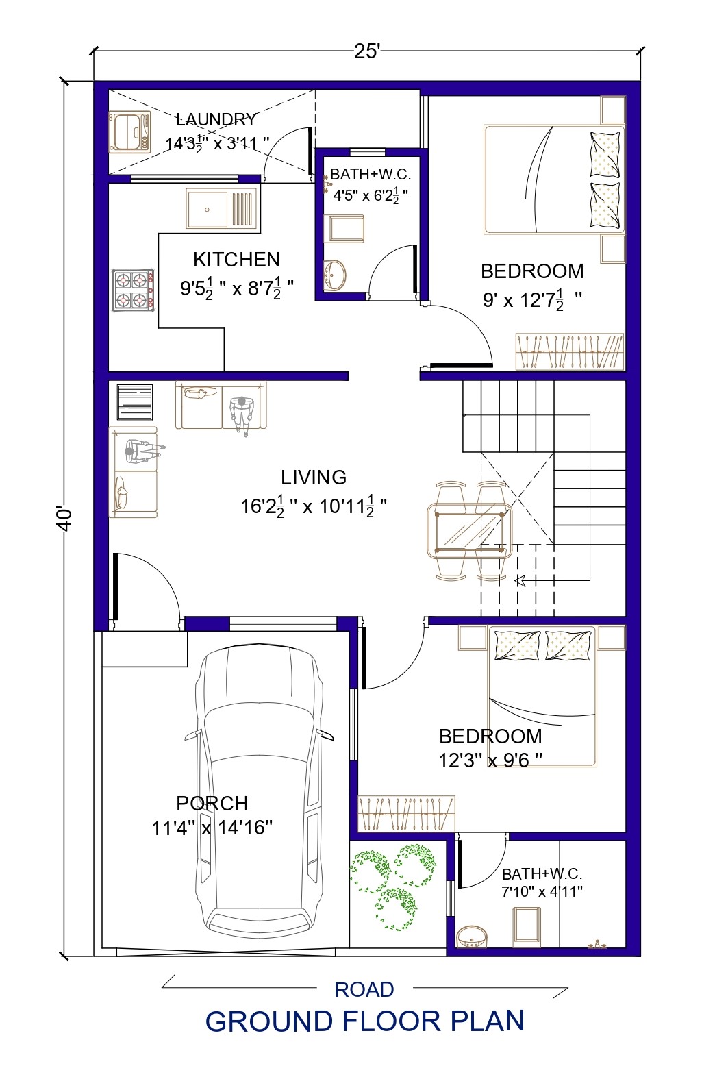 25 x 40 House Plan 2 BHK | 1000 Sq. Ft. House Design - Architego