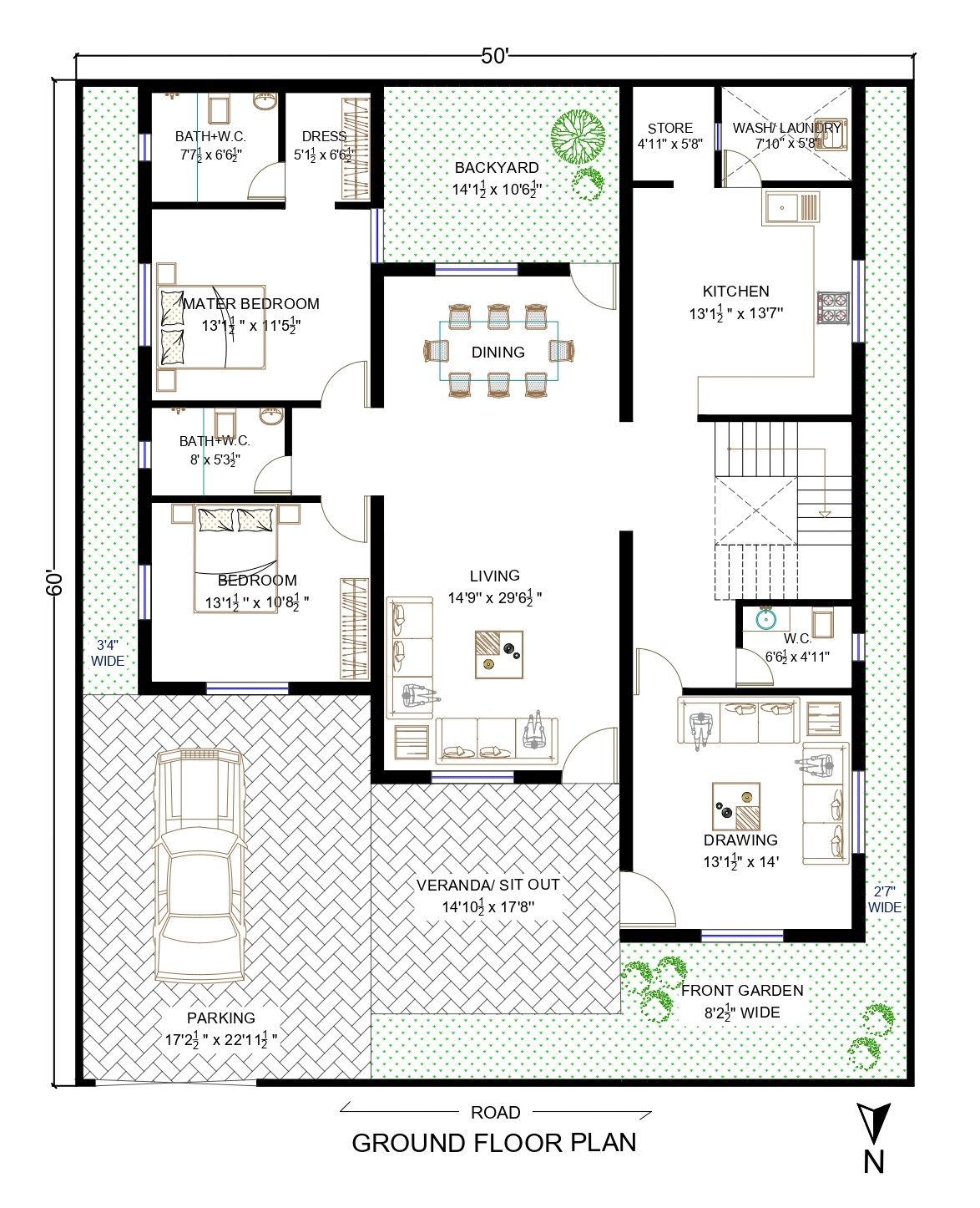 50 X 60 House Plan | 2bhk | 3000 Sq. Ft. - Architego