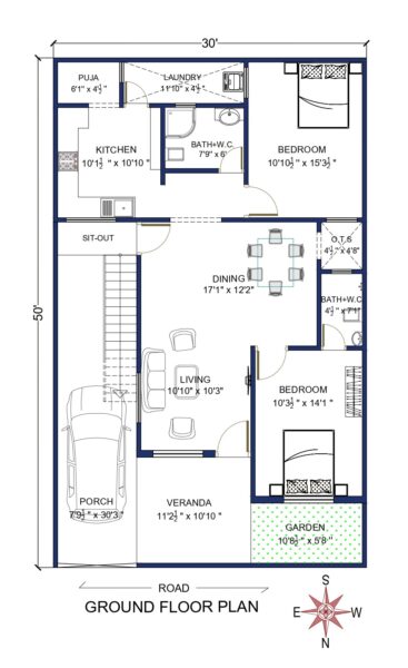 30×50 House Plan | North Facing With Vastu Shastra - Architego