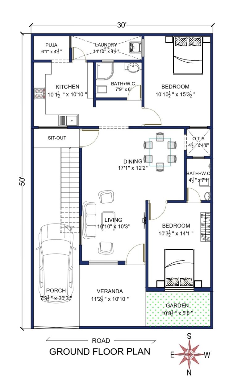 30 X 50 House Plan | 2 BHK | East Facing - Architego