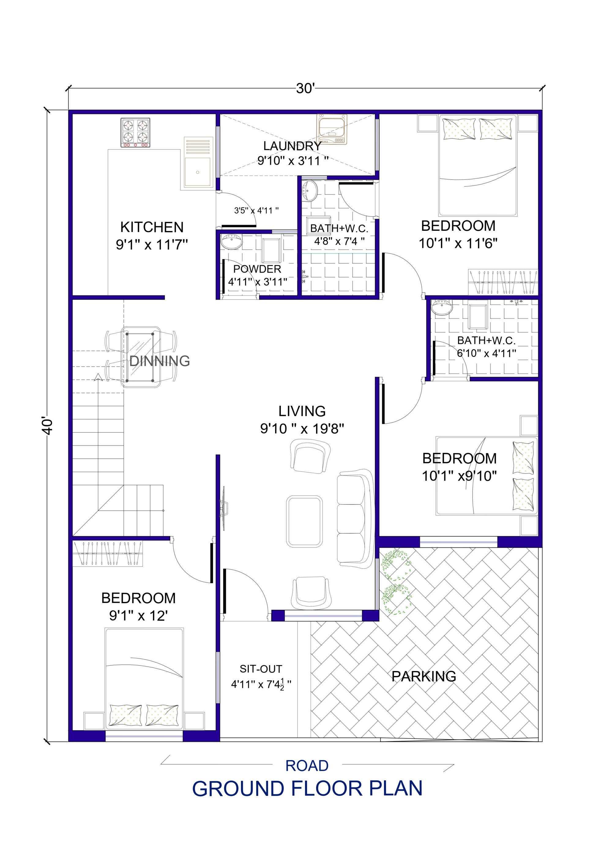 30 x 40 House Plan 3Bhk | 1200 Sq. Ft. - Architego