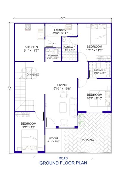 30 x 40 North Facing House Floor Plan - Architego