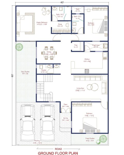 40 x 50 House Plan | 2 BHK | 2000 Sq. Ft. - Architego