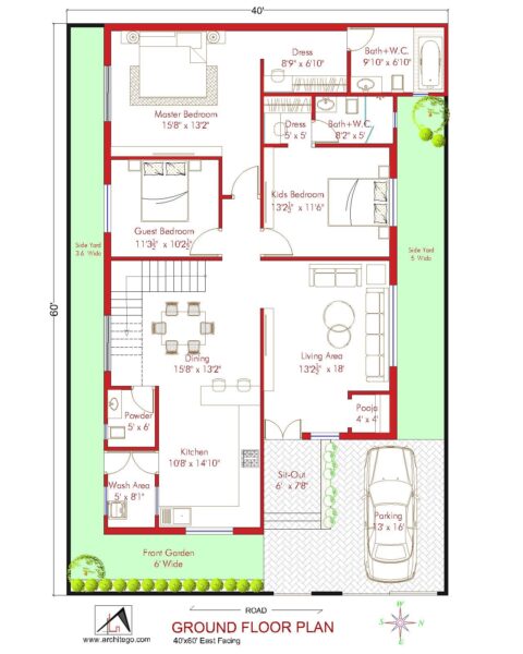 40 x 60 House Plan 3 Bhk | East Facing With Vastu | 2400 Sq. Ft. House ...